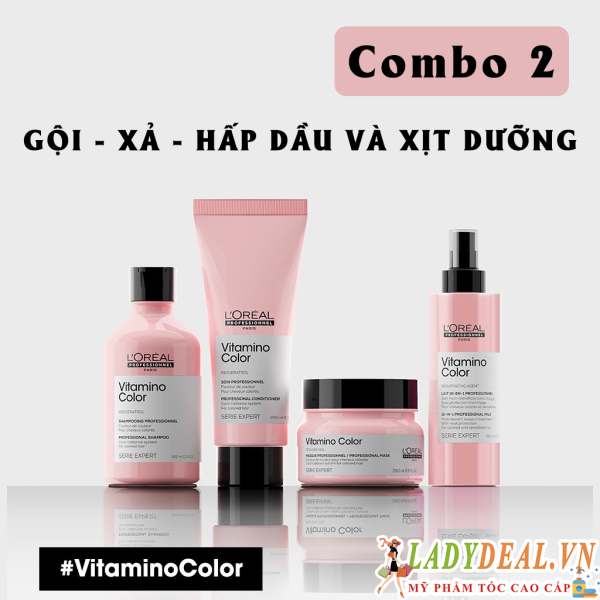 Combo Bộ Gội Xả Hấp Dầu Và Xịt Dưỡng L'oreal Vitamino Color Giữ Màu Tóc Nhuộm Size Nhỏ